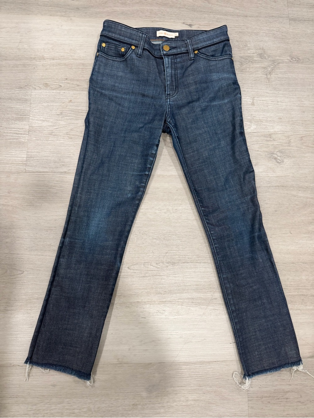 Tory Burch Dark Blue Straight-Leg Jeans with Raw Hem